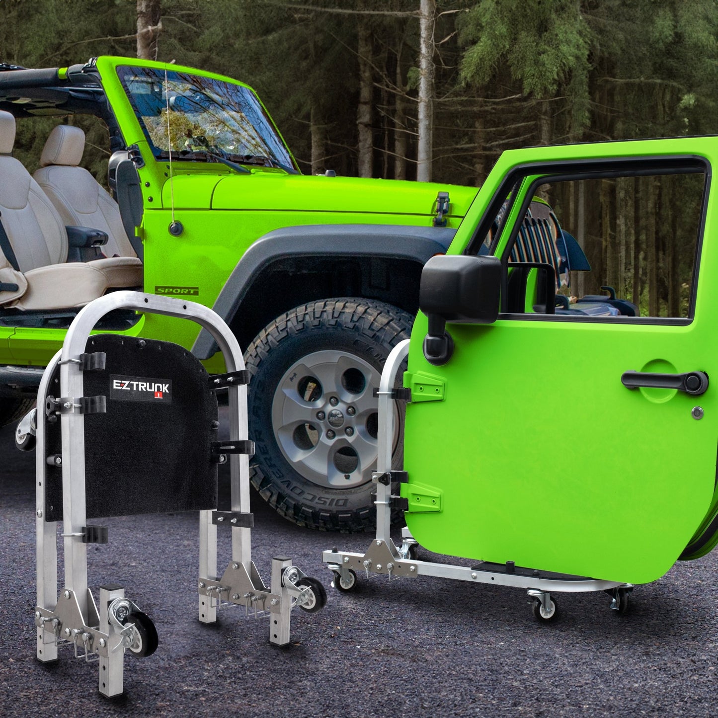 Green Jeep Wrangler with doors on EZ4X4 aluminum door cart; second cart folded to show compact, space-saving storage.