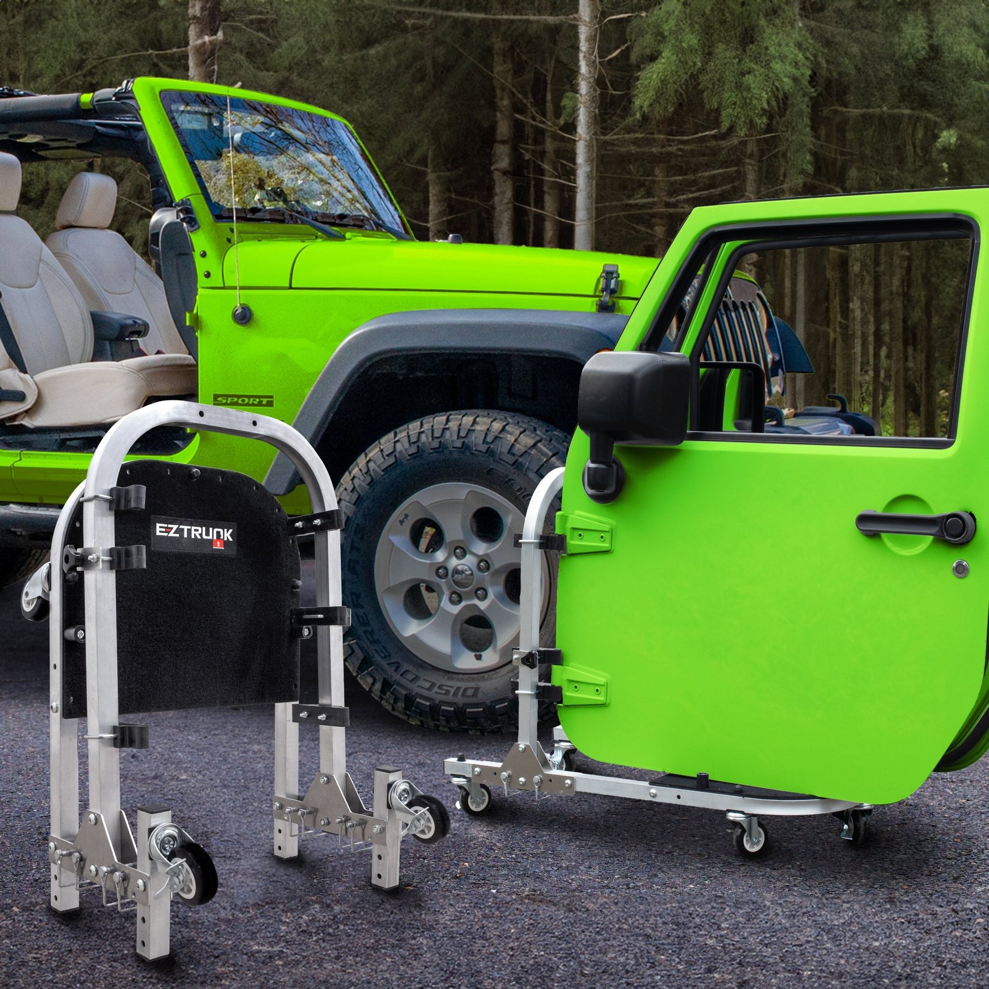 Green Jeep Wrangler with doors on EZ4X4 aluminum door cart; second cart folded to show compact, space-saving storage.