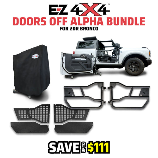 EZ4X4 Doors Off Alpha Bundle graphic for a 2-door Ford Bronco, featuring the aluminum folding door cart with cover, Alpha Tube Doors, and MOLLE Panels.