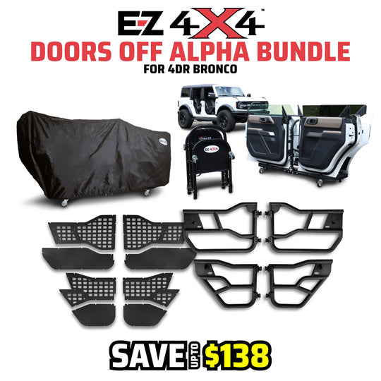 EZ4X4 Doors Off Alpha Bundle graphic for a 4-door Ford Bronco, featuring the aluminum folding door cart with cover, Alpha Tube Doors, and All-Weather Panels.