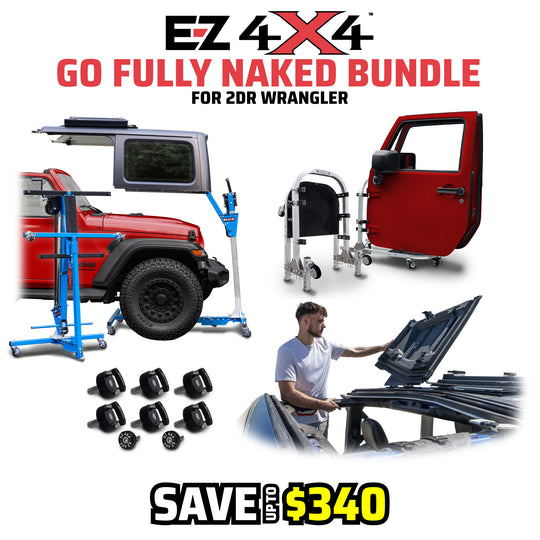 EZ4X4 “Go Fully Naked” Bundle graphic for the 2-door Jeep Wrangler, featuring the Hard Top Remover Lift, Door Cart, EZ FlipTop, and Quick Release Thumb Screws.