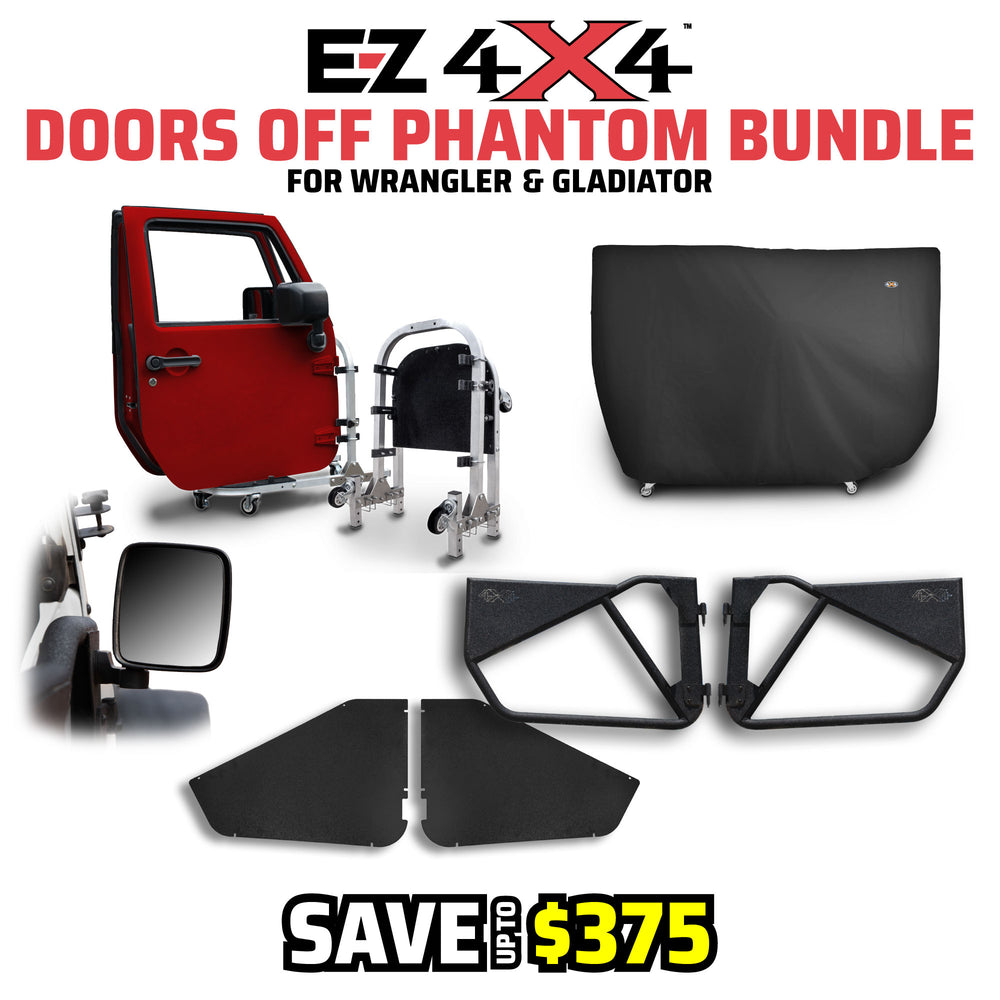EZ4X4 Doors Off Phantom Bundle graphic for 2-door Jeep Wrangler, featuring two Phantom Tube Doors, two all-weather panels, rectangular side mirrors, and a door cart.