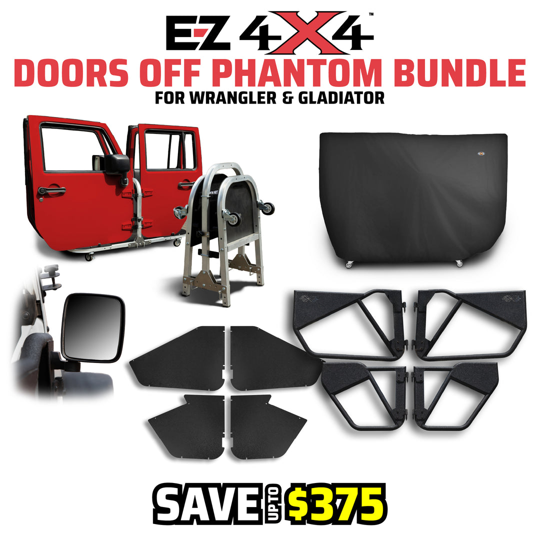 EZ4X4 Doors Off Phantom Bundle graphic for 4-door Jeep Wrangler and Gladiator, featuring four Phantom Tube Doors, four all-weather panels, rectangular side mirrors, and a door cart.