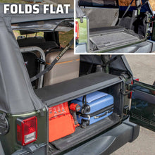 Two images of EZTrunk in Jeep Wrangler: one expanded with gear inside, the other folded flat for compact, modular storage.