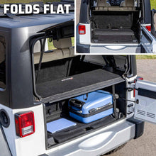 Two images of EZTrunk in Jeep Wrangler: one expanded with gear inside, the other folded flat for compact, modular storage.