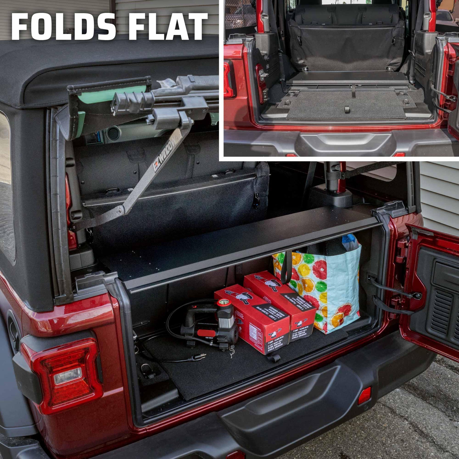 Two images of EZTrunk in red Jeep Wrangler: one expanded with gear, the other folded flat, showing compact storage.