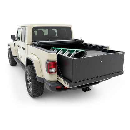 EZ4X4 Secure Bed Box open with Tailgate Extender in use on a tan Jeep Gladiator.