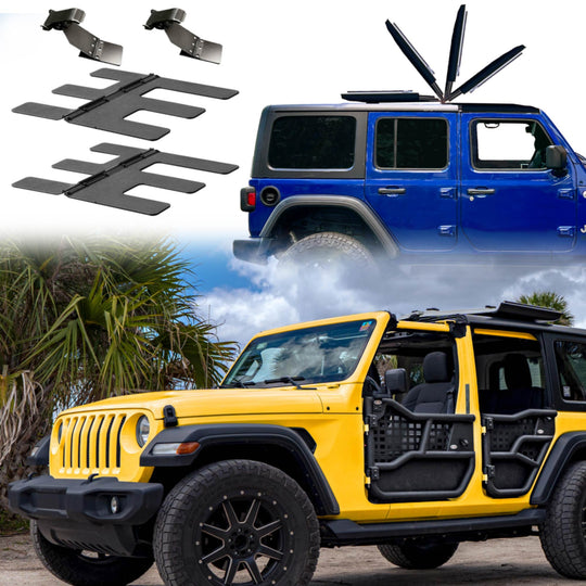 EZ4X4 Take Your Top Off Bundle collage for Jeep Wrangler, showing multiple views of the EZ FlipTop system and its patented hinge mechanism during installation.