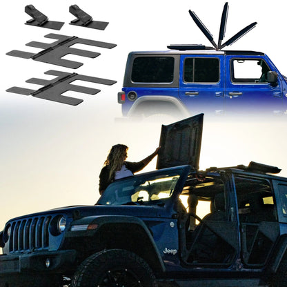 Collage showing blue Jeep JLU 4 Door with EZFlipTop flipped to roof and person demonstrating easy, one-person operation.
