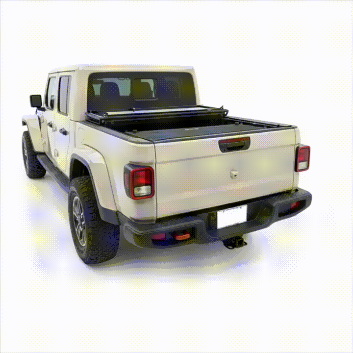Animated GIF of EZ4X4 Tailgate Extender and Secure Bed Box cycling through eight configurations on a tan Jeep Gladiator.