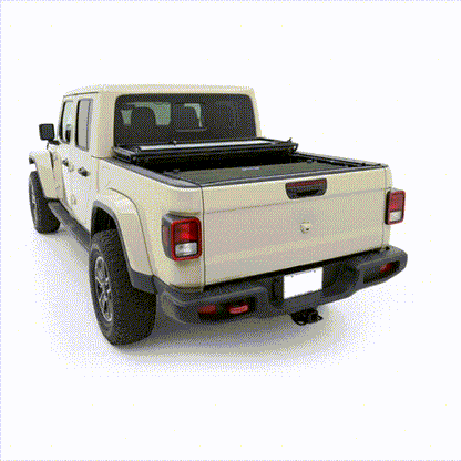 Animated GIF of EZ4X4 Tailgate Extender and Secure Bed Box cycling through eight configurations on a tan Jeep Gladiator.
