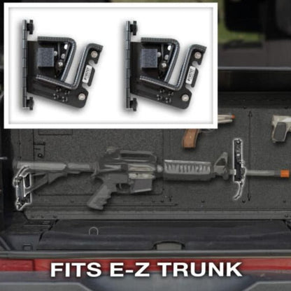 Rifle stored in EZTrunk with EZ4X4 gun mount, showing safe, organized storage for tactical and outdoor gear.