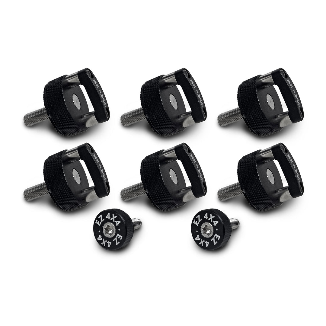 Set of six EZ4X4 black D-ring thumb screws and two small round screws used for securing Jeep hard tops.