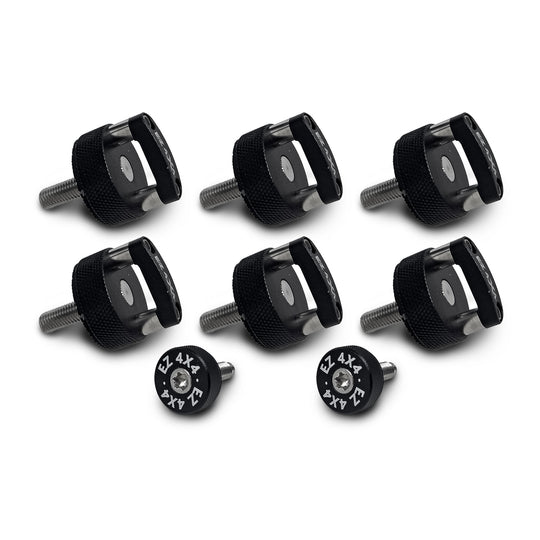 Set of six EZ4X4 black D-ring thumb screws and two small round screws used for securing Jeep hard tops.