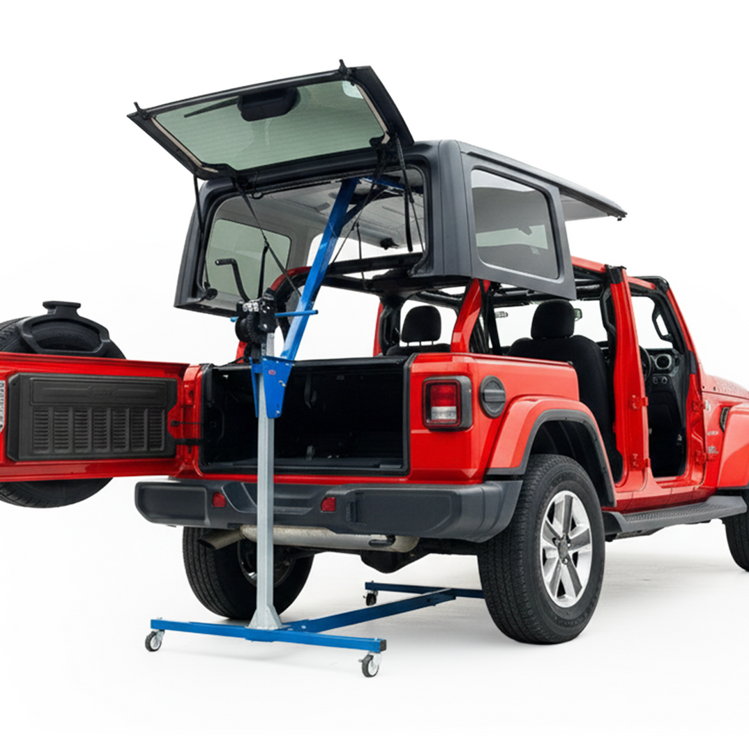 Red Jeep Wrangler hard top being stored using the blue EZ4X4 Hard Top Remover Lift.