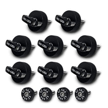 Set of 8 large black EZ4X4 Quick Turn thumb screws with D-ring shapes and 4 small black EZ4X4 thumb screws on white background.
