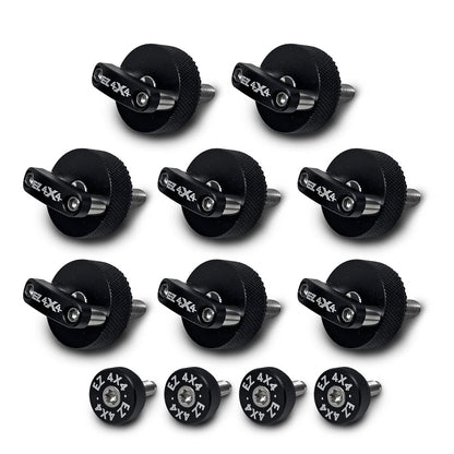 Set of 8 large black EZ4X4 Quick Turn thumb screws with D-ring shapes and 4 small black EZ4X4 thumb screws on white background.
