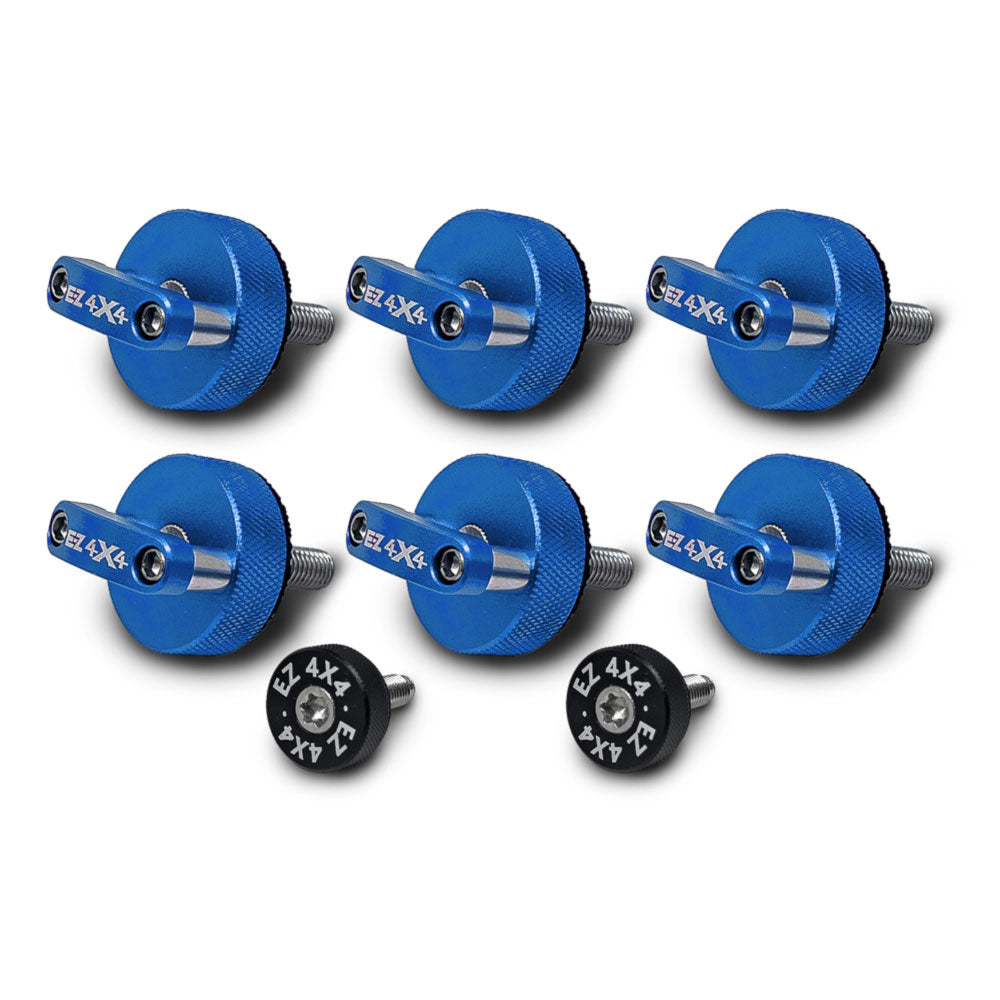 Set of 6 large blue EZ4X4 Quick Turn Thumb Screws with D-ring shapes and 2 small black EZ4X4 thumb screws on white background.