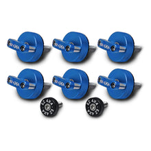 Set of 6 large blue EZ4X4 Quick Turn Thumb Screws with D-ring shapes and 2 small black EZ4X4 thumb screws on white background.