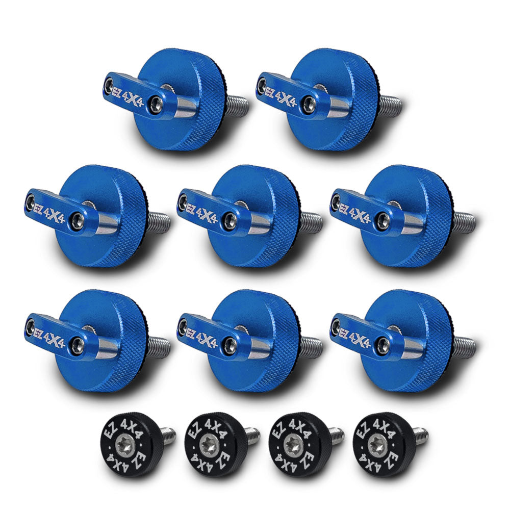Set of 8 large blue EZ4X4 Quick Turn Thumb Screws with D-ring shapes and 4 small black EZ4X4 thumb screws on white background.
