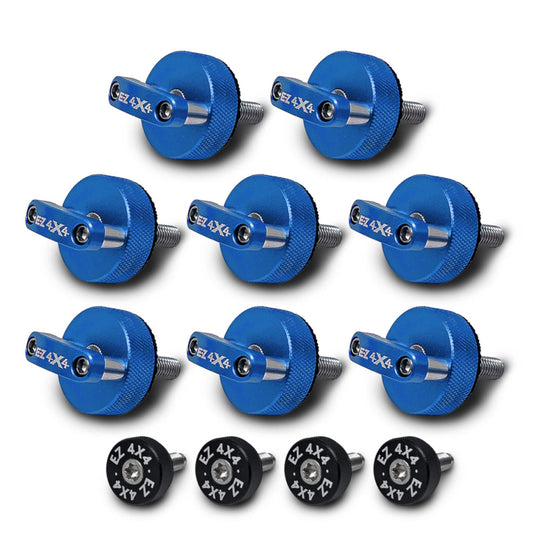 Set of 8 large blue EZ4X4 Quick Turn Thumb Screws with D-ring shapes and 4 small black EZ4X4 thumb screws on white background.