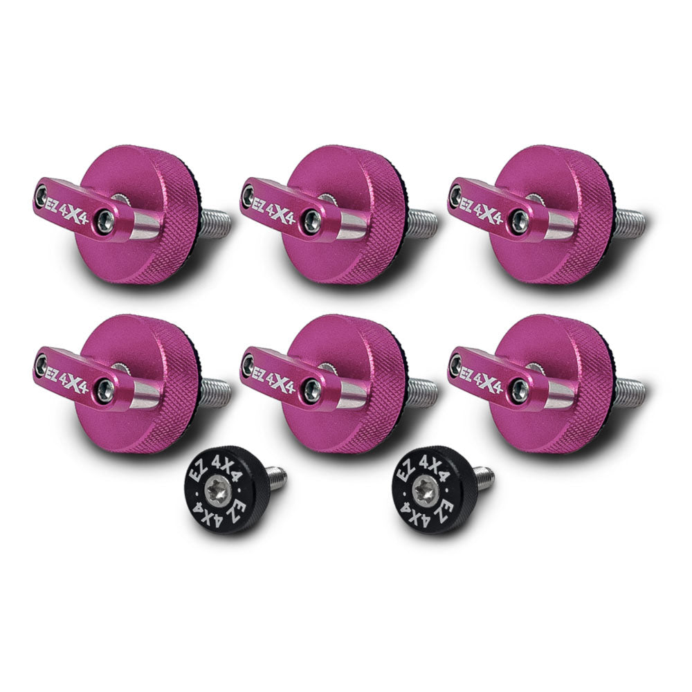 Set of 6 large pink EZ4X4 Quick Turn Thumb Screws with D-ring shapes and 2 small black EZ4X4 thumb screws on white background.