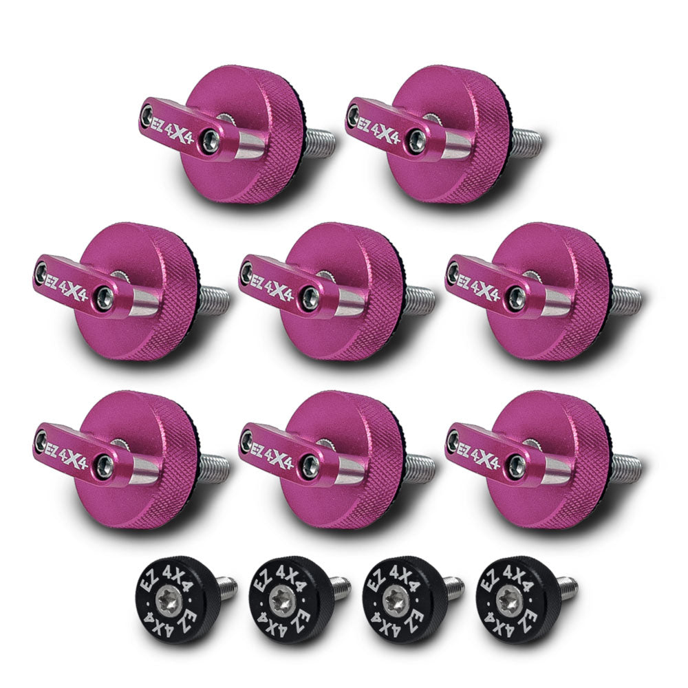 Set of 8 large pink EZ4X4 Quick Turn Thumb Screws with D-ring shapes and 4 small black EZ4X4 thumb screws on white background.