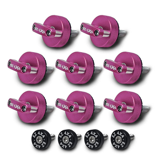 Set of 8 large pink EZ4X4 Quick Turn Thumb Screws with D-ring shapes and 4 small black EZ4X4 thumb screws on white background.