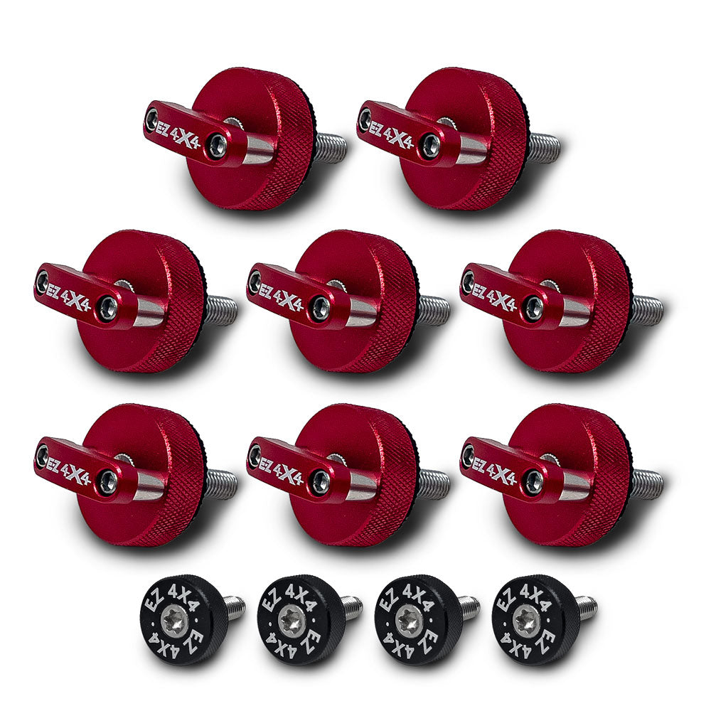 Set of 8 large red EZ4X4 Quick Turn thumb screws with D-ring shapes and 4 small black EZ4X4 thumb screws on white background.
