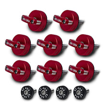 Set of 8 large red EZ4X4 Quick Turn thumb screws with D-ring shapes and 4 small black EZ4X4 thumb screws on white background.
