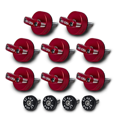 Set of 8 large red EZ4X4 Quick Turn thumb screws with D-ring shapes and 4 small black EZ4X4 thumb screws on white background.
