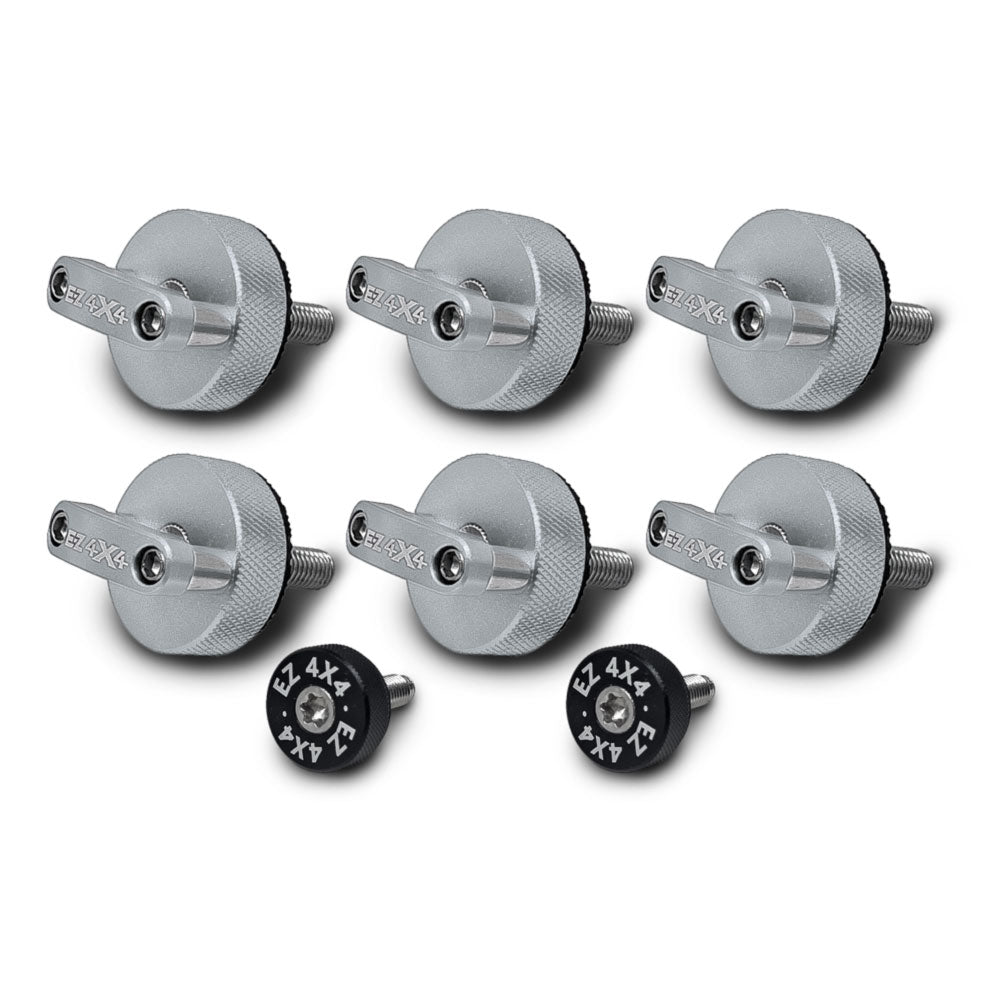 Set of 6 large silver EZ4X4 Quick Turn Thumb Screws with D-ring shapes and 2 small black EZ4X4 thumb screws on white background.