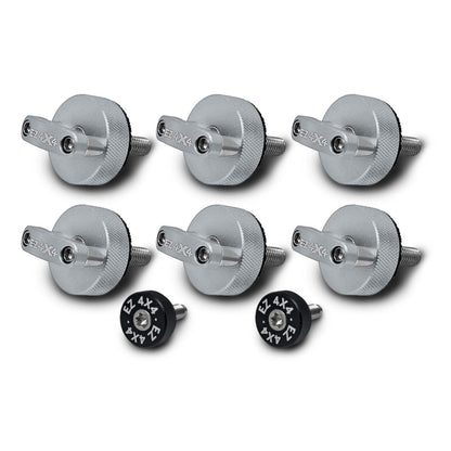 Set of 6 large silver EZ4X4 Quick Turn Thumb Screws with D-ring shapes and 2 small black EZ4X4 thumb screws on white background.