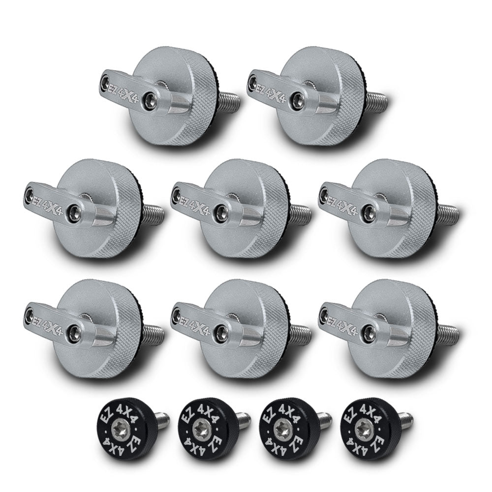 Set of 8 large silver EZ4X4 Quick Turn Thumb Screws with D-ring shapes and 4 small black EZ4X4 thumb screws on white background.