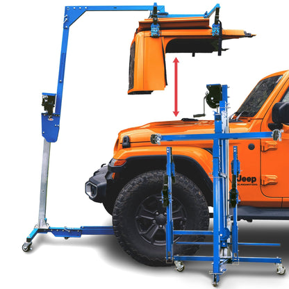 Orange Jeep Gladiator (JT) with its hardtop suspended above it using the EZ4X4 Hard Top Remover Lift, with a second folded lift in the foreground.