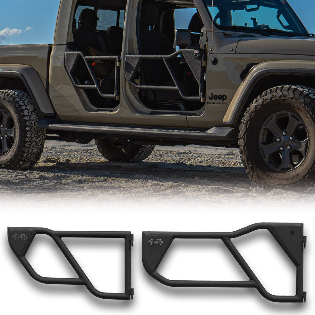 Jeep Gladiator shown with EZ4X4 Razor tube doors installed, with the matching tube doors also displayed separately on a white background below.