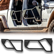 Jeep Gladiator shown with EZ4X4 Razor tube doors installed, with the matching tube doors also displayed separately on a white background below.