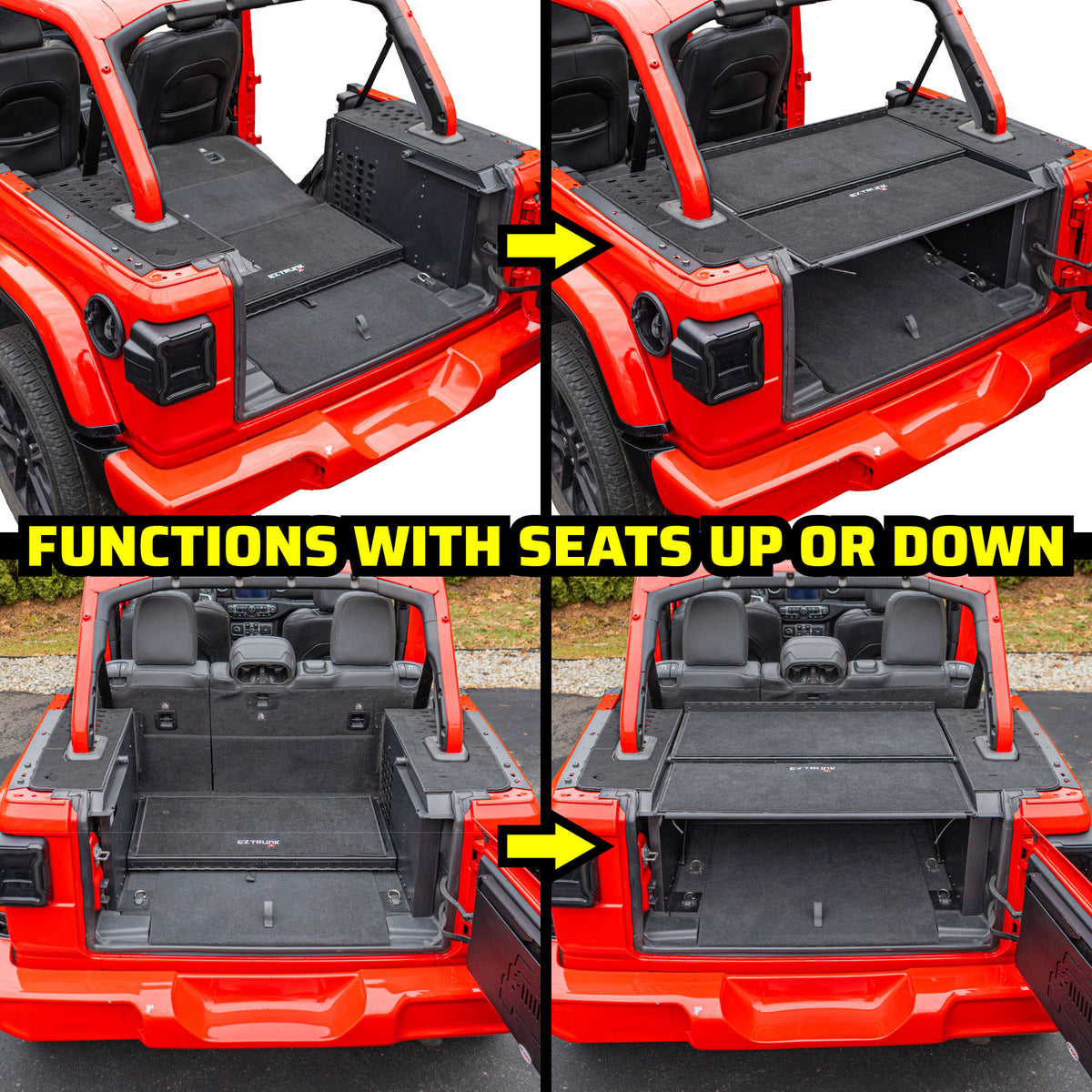 Four-panel graphic showing the EZ4X4 Extreme EZTRUNK in a red Jeep Wrangler with the rear seats up and folded down.