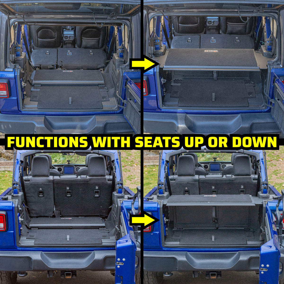 Four-panel graphic showing the EZ4X4 EZTRUNK in a blue Jeep Wrangler with the rear seats up and folded down.
