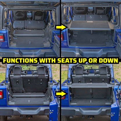 Four-panel graphic showing the EZ4X4 EZTRUNK in a blue Jeep Wrangler with the rear seats up and folded down.

