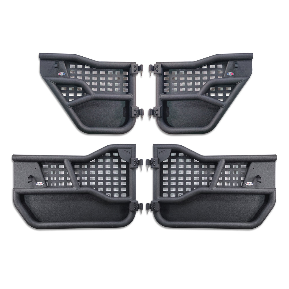 Close-ups of all-weather panels on Alpha tube doors, showcasing durable construction and weather-resistant design.