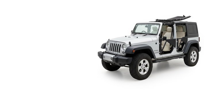 White Jeep Wrangler with black EZ4X4 Phantom Tube Doors and EZ FlipTop.