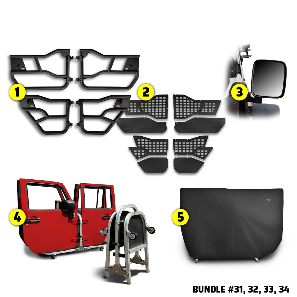 EZ4X4 Alpha Door Bundles for Jeep Wrangler and Gladiator, including Alpha Tube Doors, MOLLE Panels, mirrors, door cart, and door cart cover.