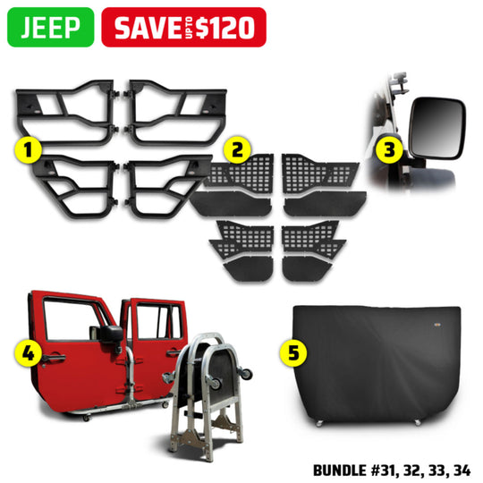 2007 & Up Jeep (Alpha Aluminum Tube Doors + MOLLE Panels + Rectangle Mirrors + Door Cart + Cover) Alpha Tube Door Bundles #31, 32, 33, 34