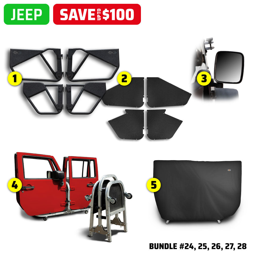 EZ4X4 Alpha Door Bundles for Jeep Wranglers and Gladiator, including Phantom tube doors, All-Weather Panels, mirrors, door cart, and door cart cover, save up to $100.
