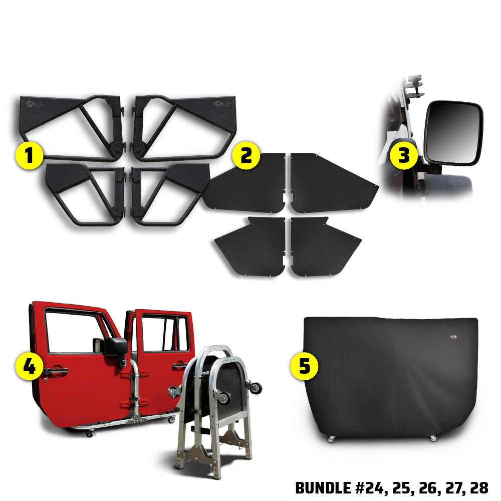 EZ4X4 Alpha Door Bundles for Jeep Wranglers and Gladiator, including Phantom tube doors, All-Weather Panels, mirrors, door cart, and door cart cover.