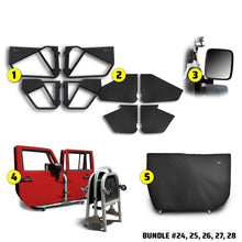 EZ4X4 Alpha Door Bundles for Jeep Wranglers and Gladiator, including Phantom tube doors, All-Weather Panels, mirrors, door cart, and door cart cover.