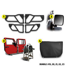 EZ4X4 Razor Door Bundles for Jeep Wranglers and Gladiator JL, including Razor Tube Doors, mirrors, door cart, and door cart cover.