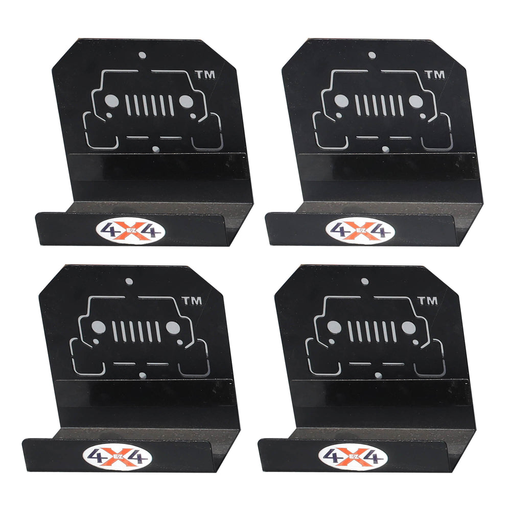 Close-up of 4 black EZ4X4 door hangers, showing heavy-duty construction for secure, space-saving vehicle door storage.