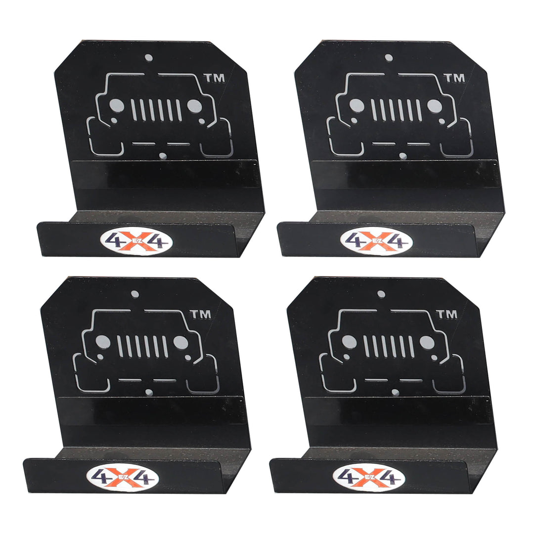 Close-up of 4 black EZ4X4 door hangers, showing heavy-duty construction for secure, space-saving vehicle door storage.